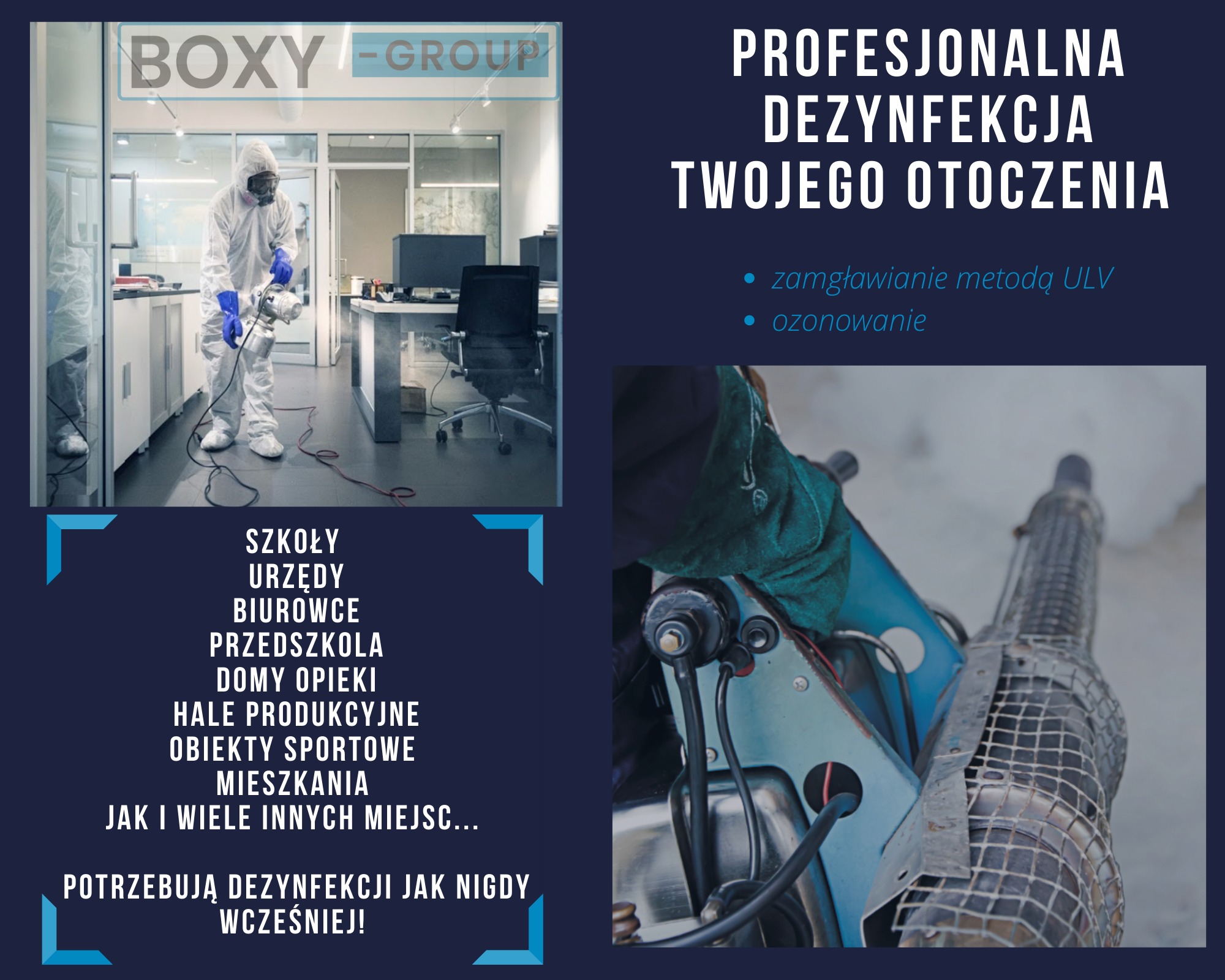Osoba w kombinezonie ochronnym przeprowadza zamgławianie biura za pomocą specjalistycznego sprzętu. W tle widoczne biurka i krzesła biurowe.