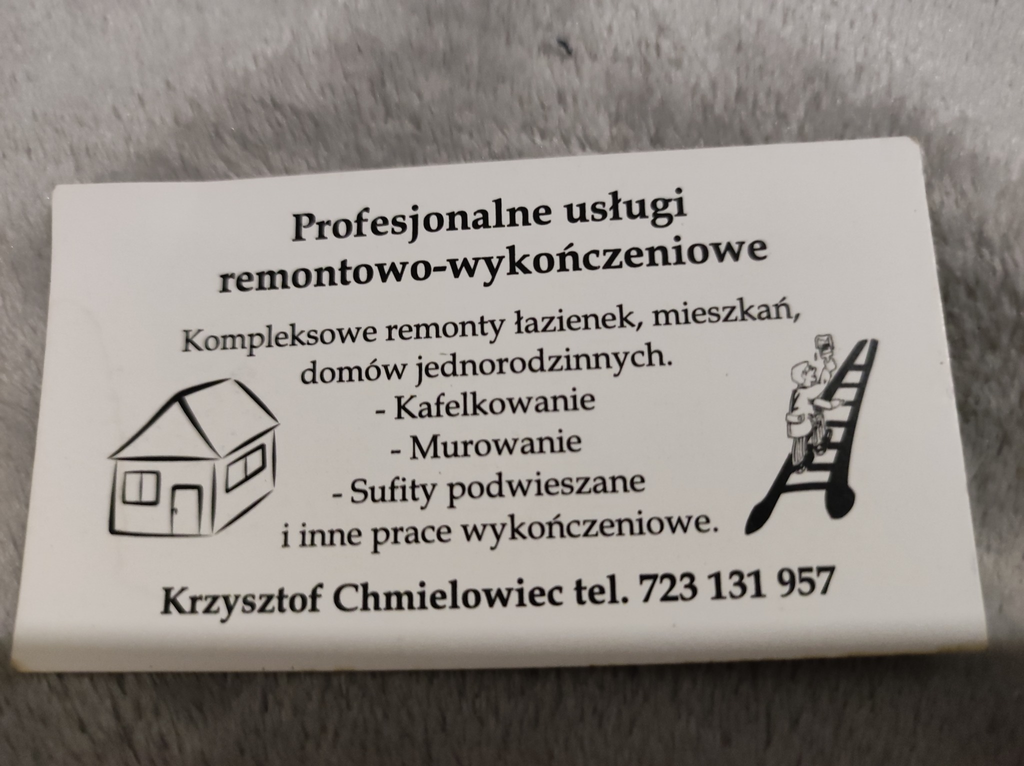 Wizytówka firmy remontowo-wykończeniowej Krzysztofa Chmielowca, oferującej kompleksowe remonty łazienek, mieszkań i domów, a także usługi kafelkowania, murowania i montażu sufitów podwieszanych,...