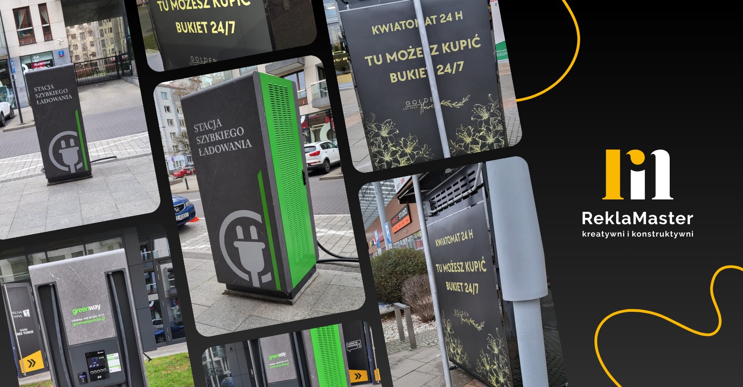 Kolaż zdjęć z reklam zewnętrznych: stacje ładowania pojazdów elektrycznych i kwiatomaty, wykonane przez ReklaMaster. Czarno-zielona kolorystyka, nowoczesny design.