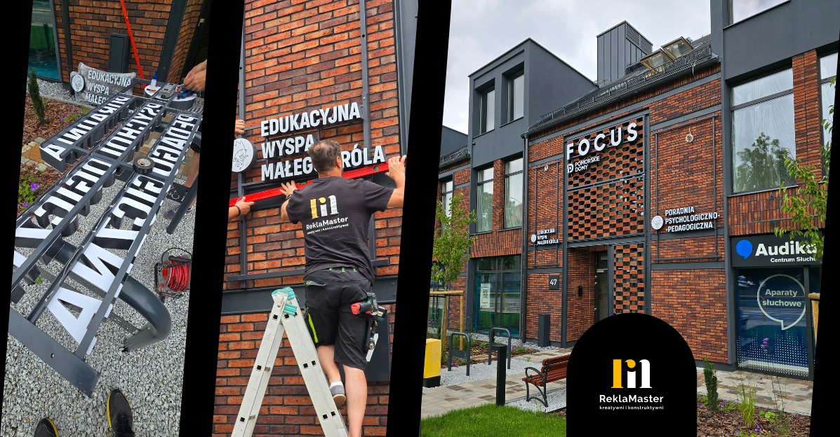Montaż szyldów z nazwami firm na ceglanej elewacji budynku. Widoczne litery przestrzenne i pracownik na drabinie podczas instalacji. Szyldy w kolorach bieli i czerni.