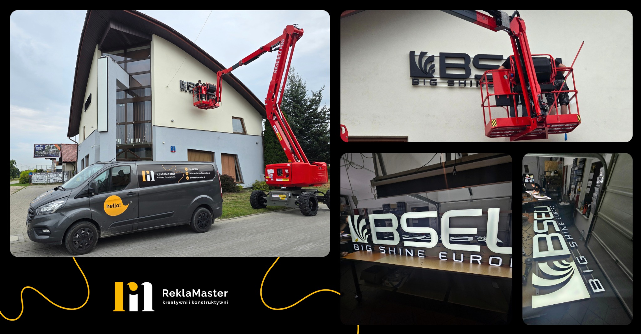 Montaż podświetlanego szyldu 'BIG SHINE' na elewacji budynku z użyciem podnośnika koszowego. W tle firmowy bus z logo ReklaMaster.