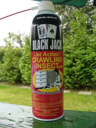 Puszka sprayu na insekty biegające marki Black Jack, stojąca na zielonej powierzchni z zaroślami w tle, z widocznym napisem 'OPRYSKI NA KOMARY' sugerującym zastosowanie.