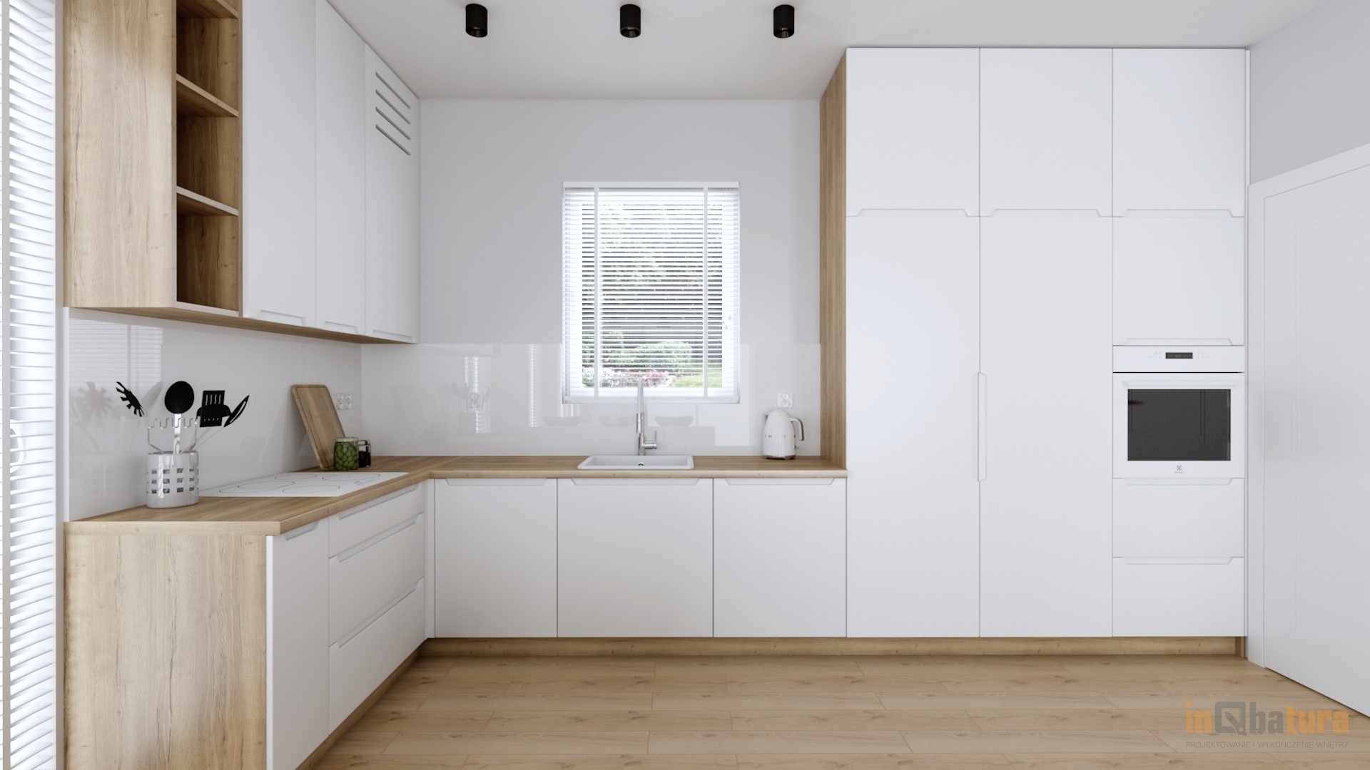 Nowoczesna kuchnia w bieli i drewnie, z minimalistycznymi szafkami, białym blatem i oknem z żaluzjami, wyposażona w biały piekarnik Electrolux.