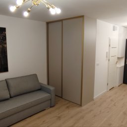 AlfaWork Nataliia Datsko - Nowoczesne wnętrze: szara sofa, obraz w złotej ramie, szafa przesuwna z akcentami złota, parkiet i designerskie lampy. Minimalistyczny styl.