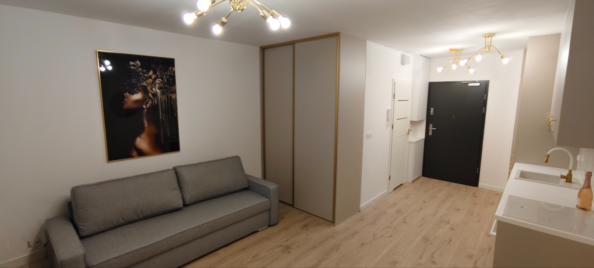 Nowoczesne wnętrze: szara sofa, obraz w złotej ramie, szafa przesuwna z akcentami złota, parkiet i designerskie lampy. Minimalistyczny styl.