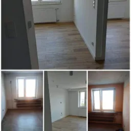 Porównanie pokoju przed i po: od surowych ścian i starej podłogi do świeżo pomalowanych ścian, nowej podłogi imitującej drewno i zamontowanych grzejników.