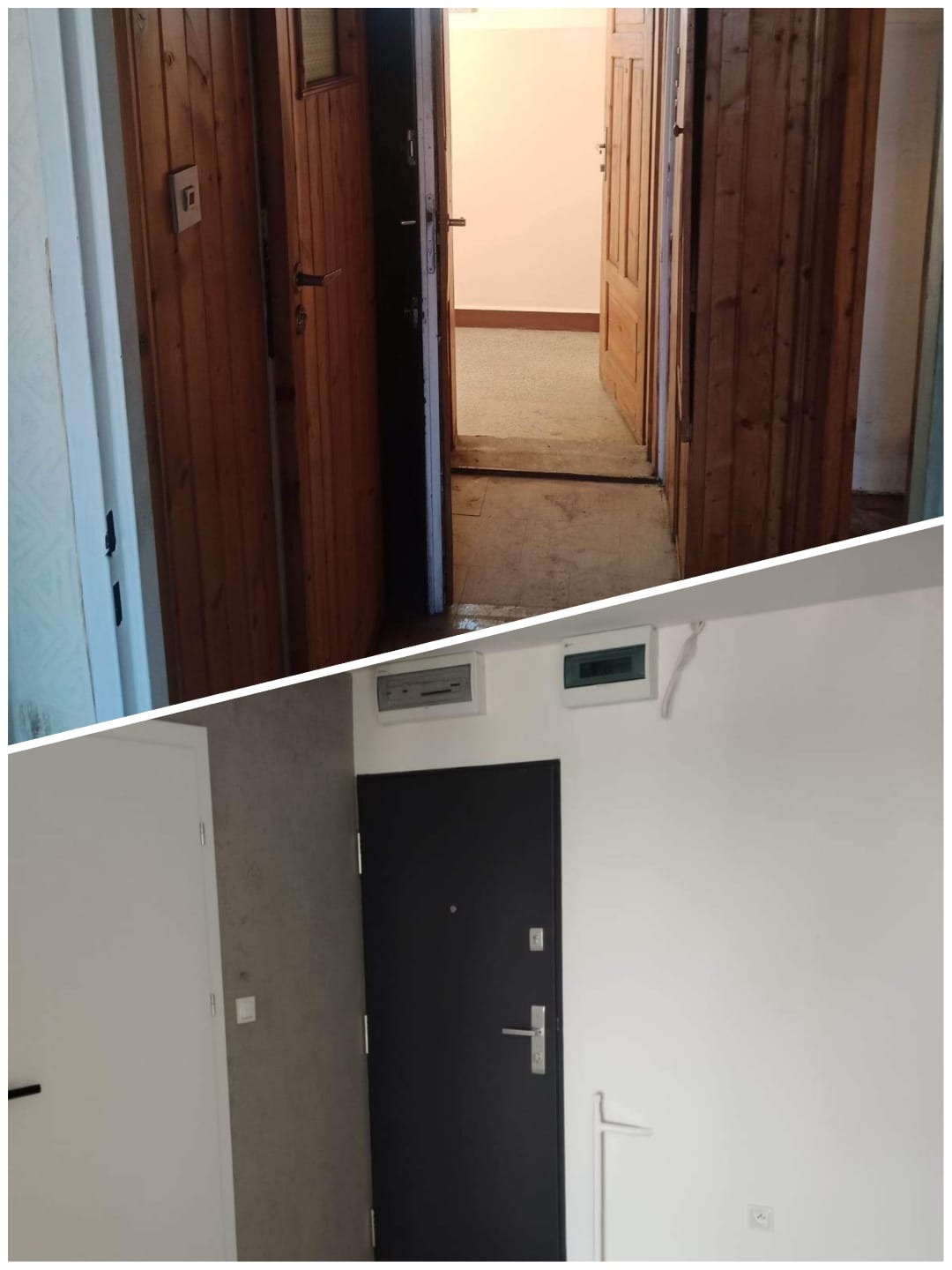 Zdjęcie porównawcze: korytarz przed i po remoncie. Górna część ukazuje starą boazerię i drewniane drzwi, dolna część prezentuje odnowione, białe ściany i nowoczesne, czarne drzwi wejściowe.