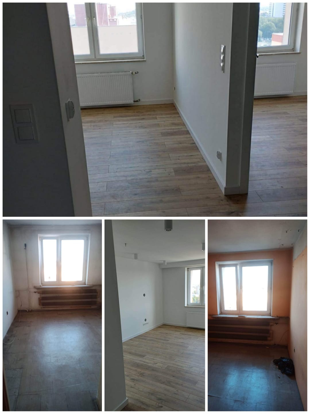 Porównanie pokoju przed i po: od surowych ścian i starej podłogi do świeżo pomalowanych ścian, nowej podłogi imitującej drewno i zamontowanych grzejników.