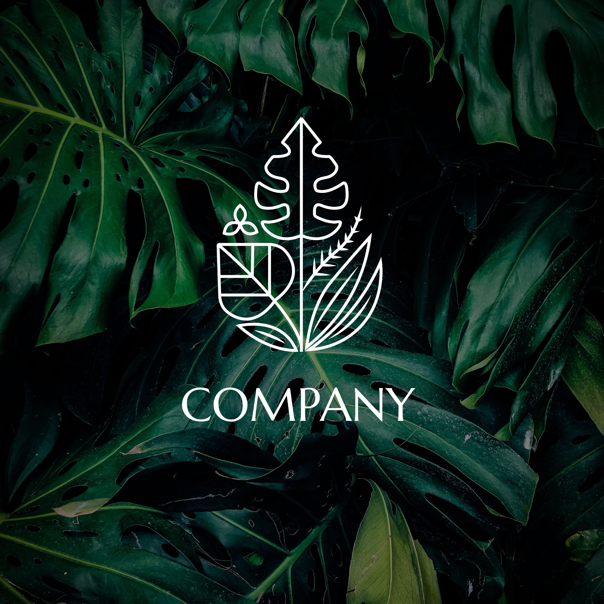 Eleganckie logo firmy z Wrocławia, w minimalistycznym stylu, przedstawiające abstrakcyjne roślinne motywy na tle tropikalnych liści monstery.