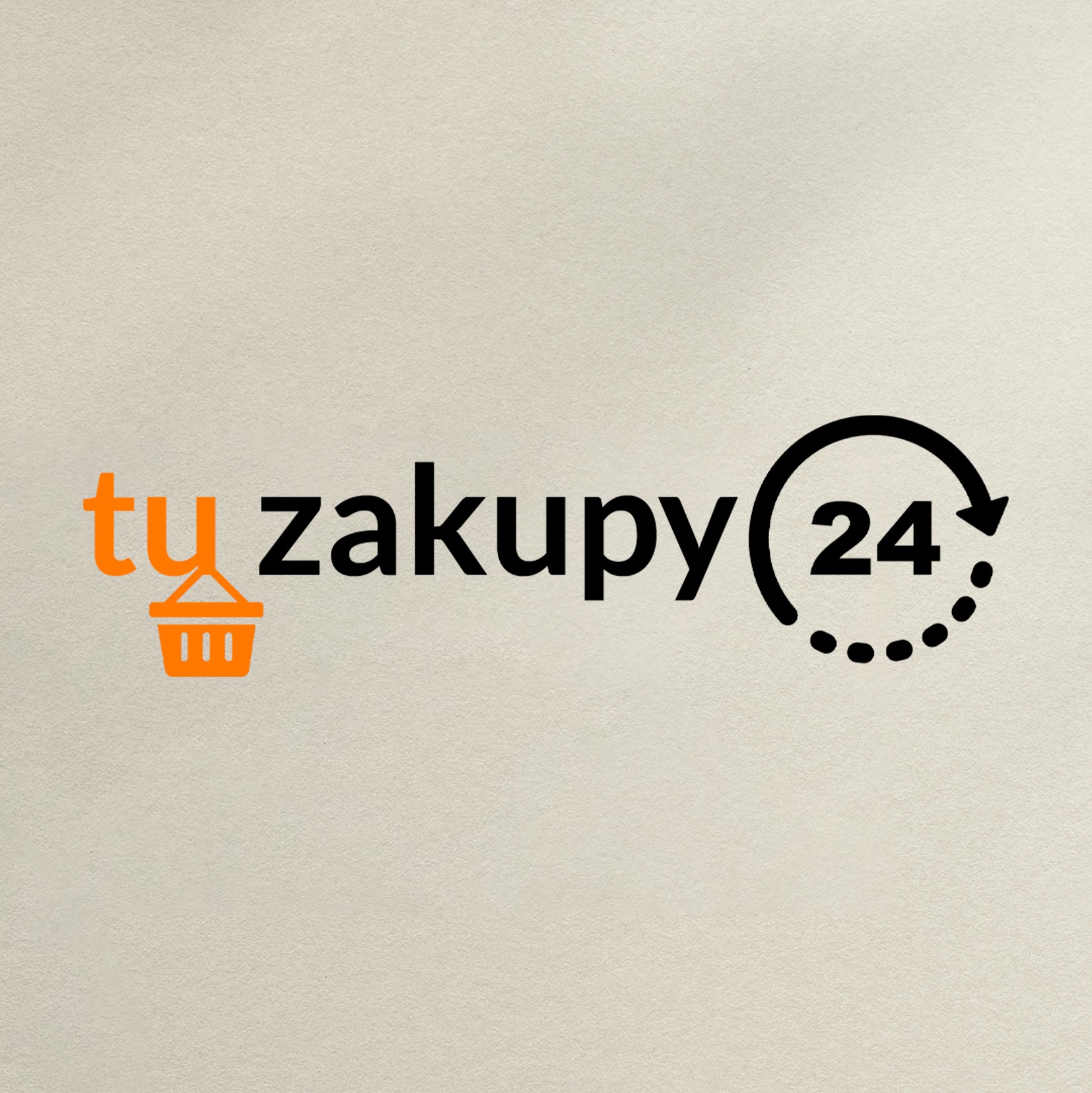 Logo firmy 'tu zakupy 24' z pomarańczowym koszykiem i czarnym napisem, otoczone strzałką z kropek.