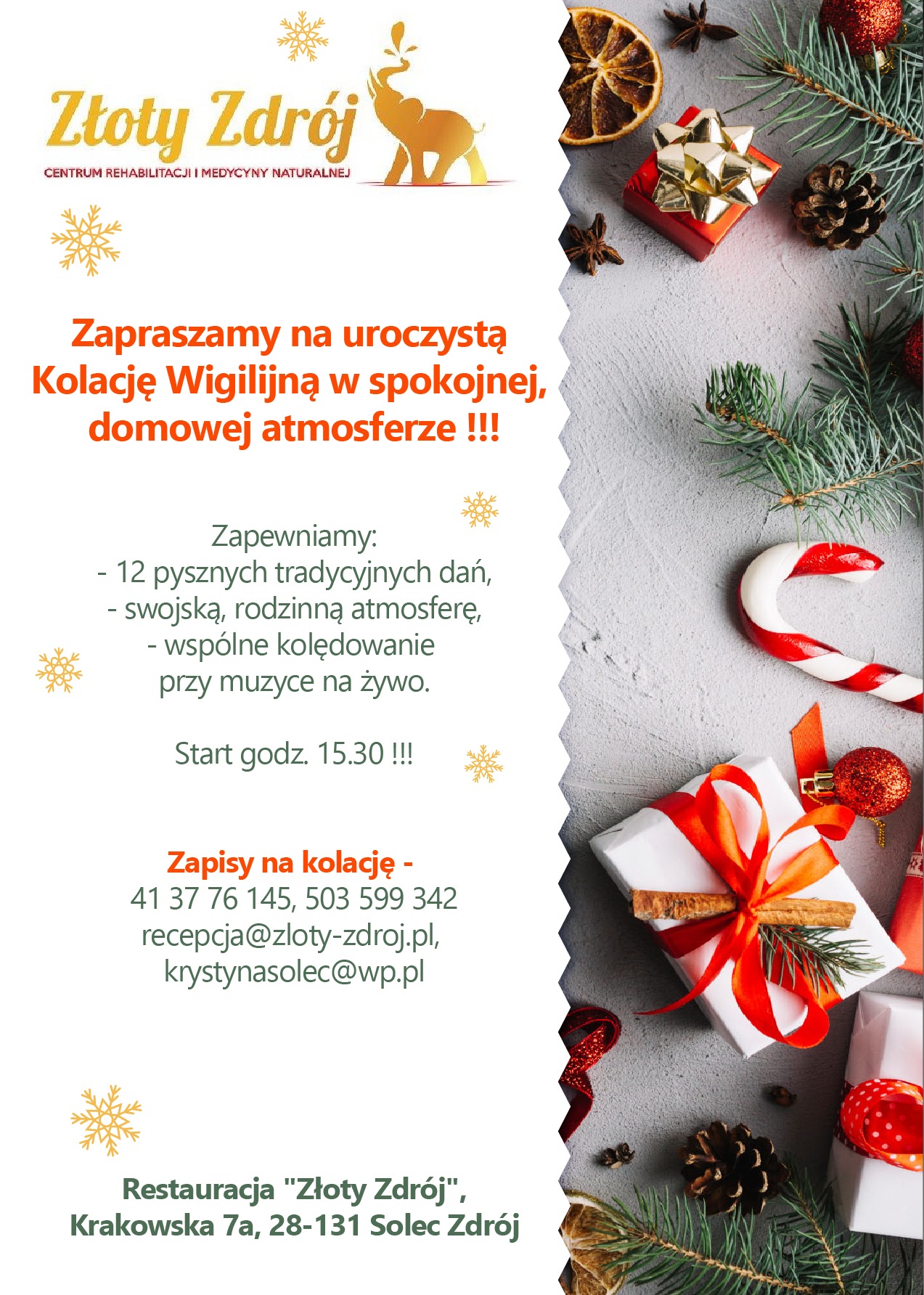 Ulotka reklamowa zapraszająca na uroczystą kolację wigilijną w restauracji Złoty Zdrój, z elementami dekoracyjnymi świątecznymi, prezentami i złotym logo firmy.
