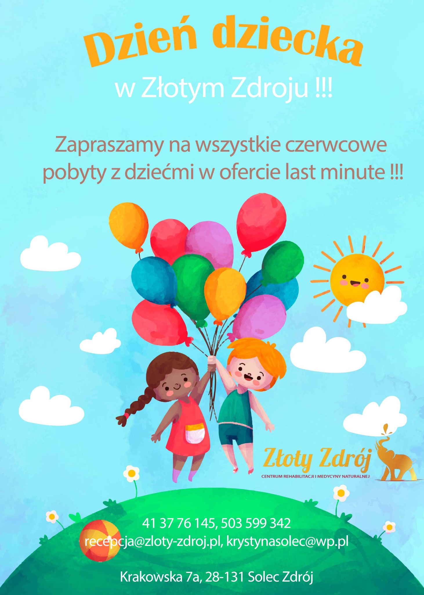 Ilustracja promująca pobyty w Złotym Zdroju na Dzień Dziecka, przedstawiająca dwie uśmiechnięte postacie dzieci trzymające balony, stylizowana grafika z elementami słońca i chmur na błękitnym tle.