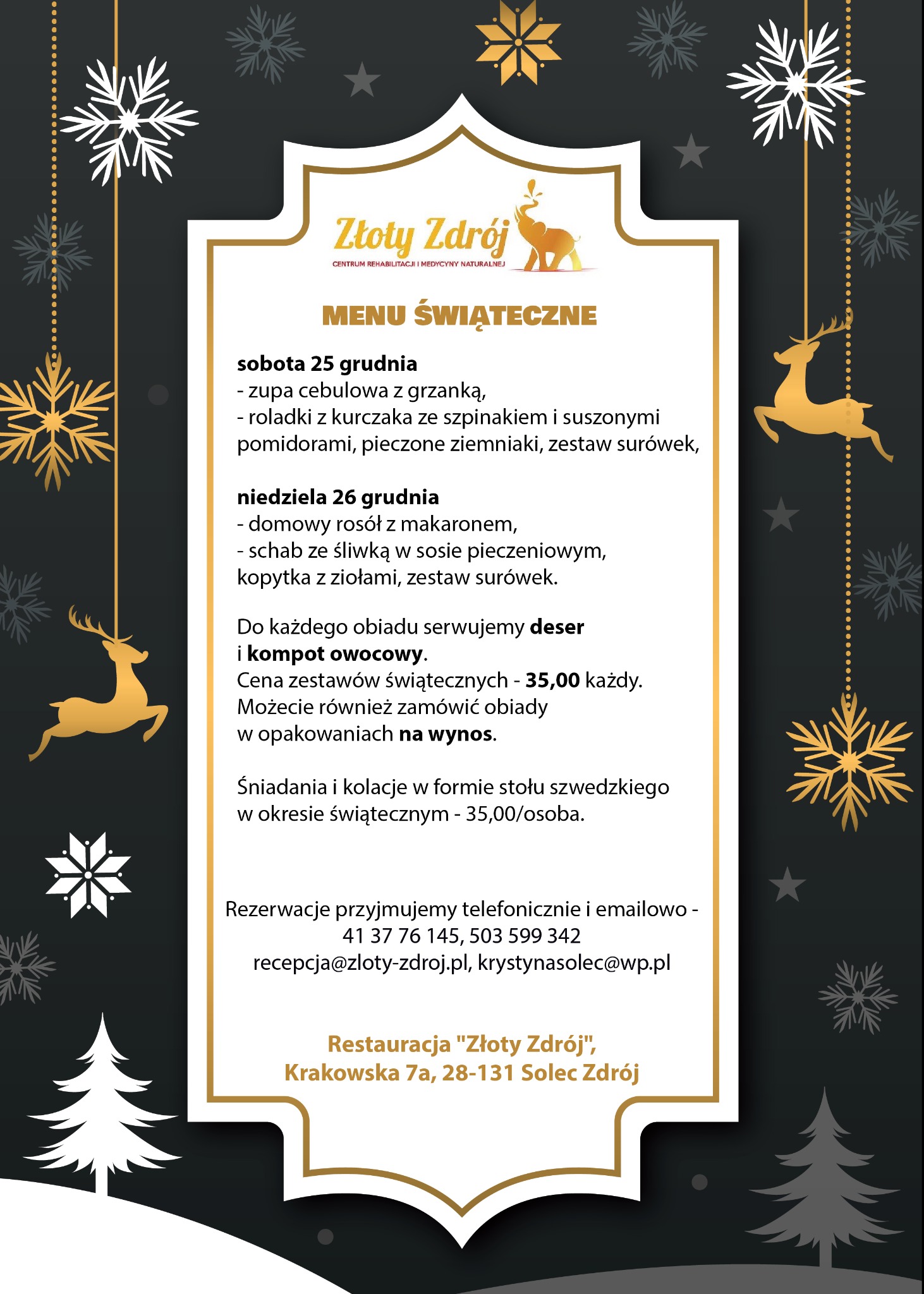 Świąteczne menu restauracji Złoty Zdrój z listą dań na 25 i 26 grudnia, ceną zestawów i informacjami o rezerwacjach, ozdobione motywami świątecznymi.