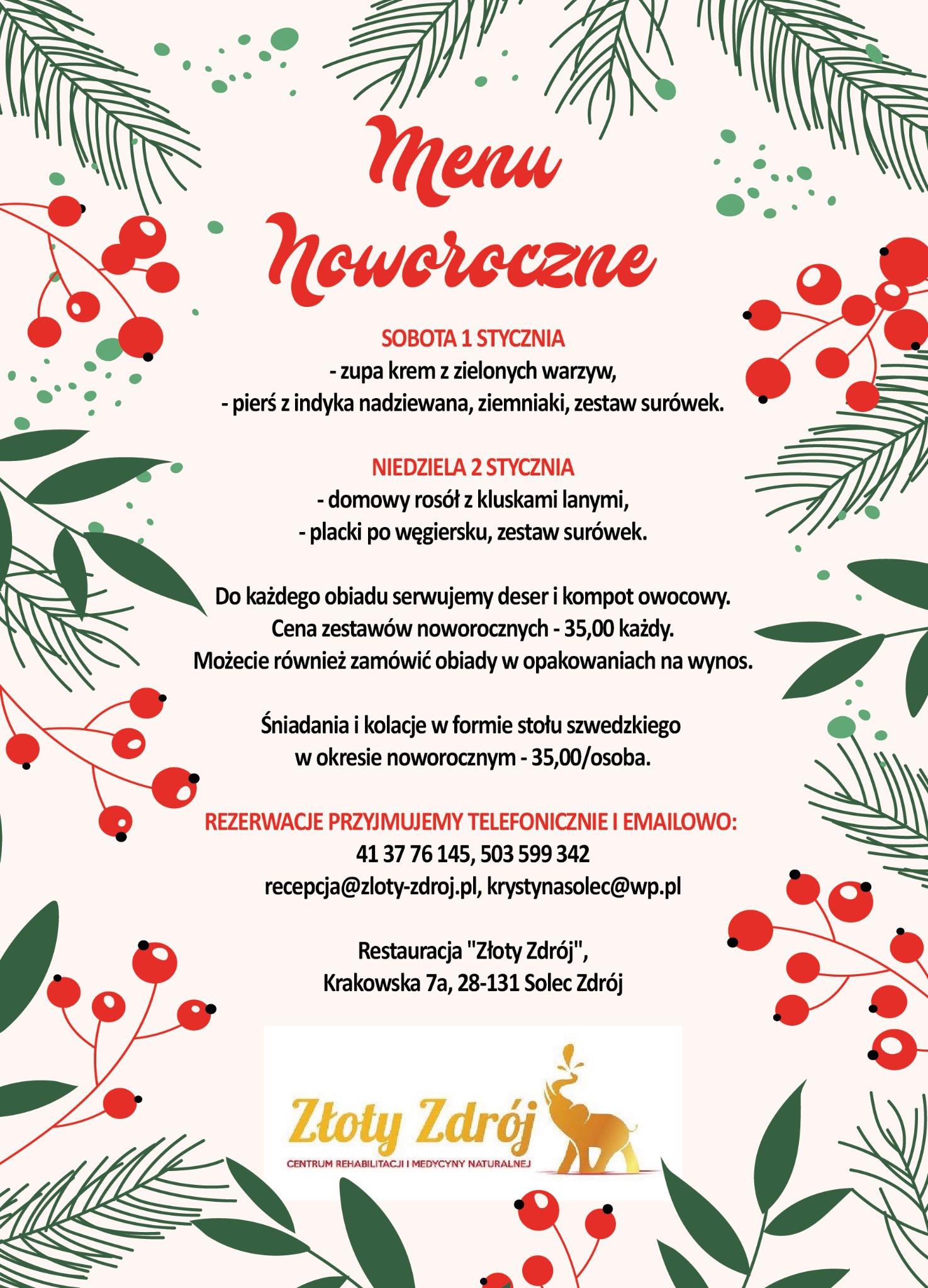 Grafika menu noworocznego restauracji Złoty Zdrój z ilustracjami gałązek i owoców ostrokrzewu, prezentująca ofertę dań na 1 i 2 stycznia oraz dane kontaktowe i logo.