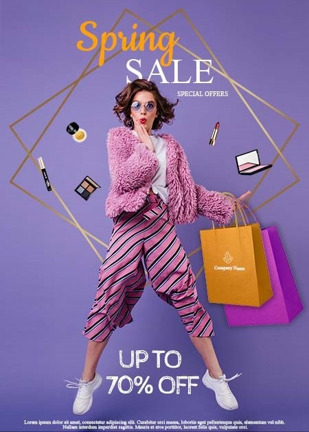 Promocyjny plakat wiosennej wyprzedaży z modelką w różowym futrze i spodniach w paski, otoczoną unoszącymi się kosmetykami i torbami na zakupy na fioletowym tle.