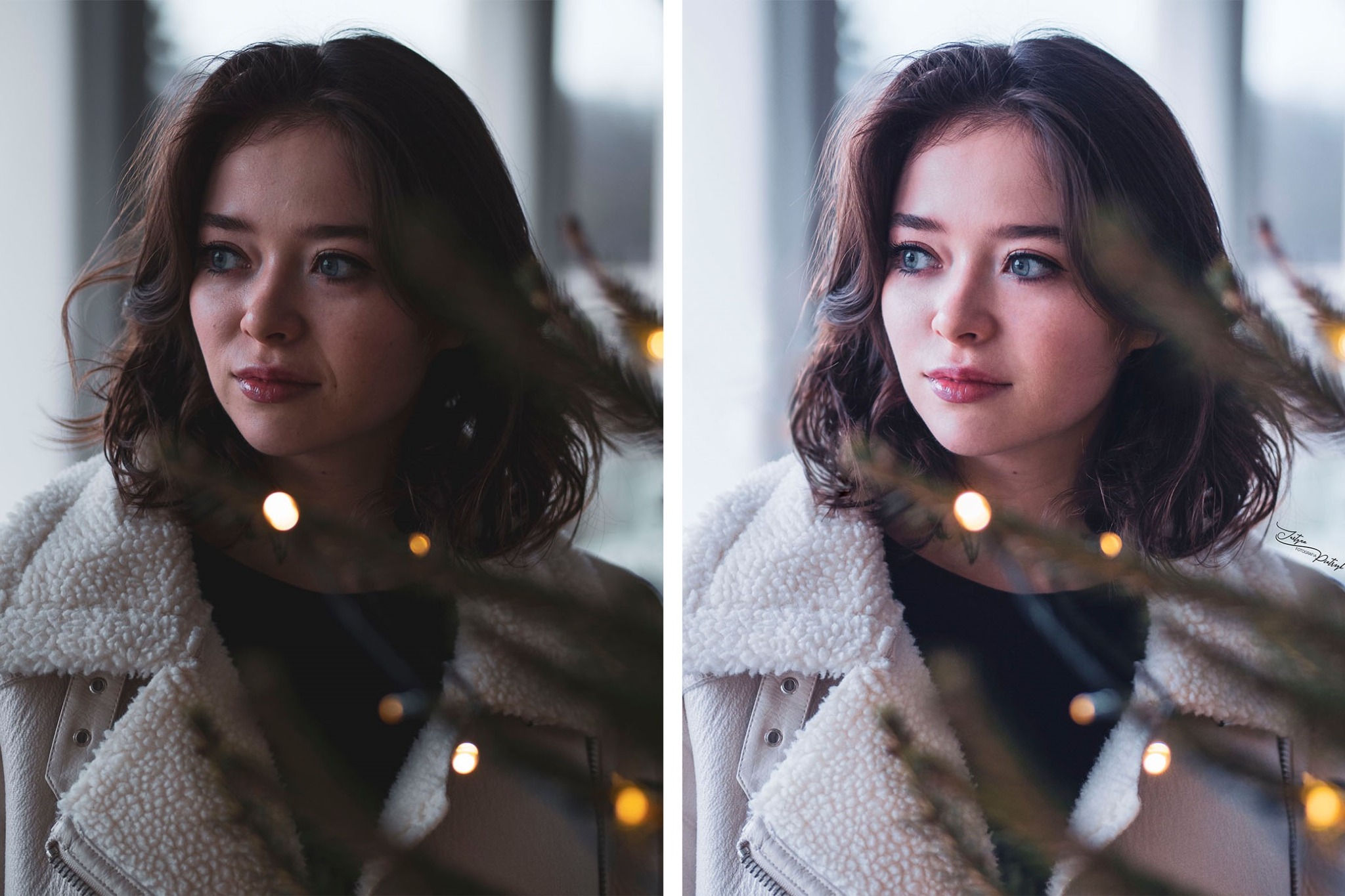 Zdjęcie portretowe młodej kobiety z krótkimi, kręconymi włosami, w jasnej kurtce z barankiem, z widoczną obróbką graficzną polegającą na zestawieniu dwóch wersji kolorystycznych fotografii.