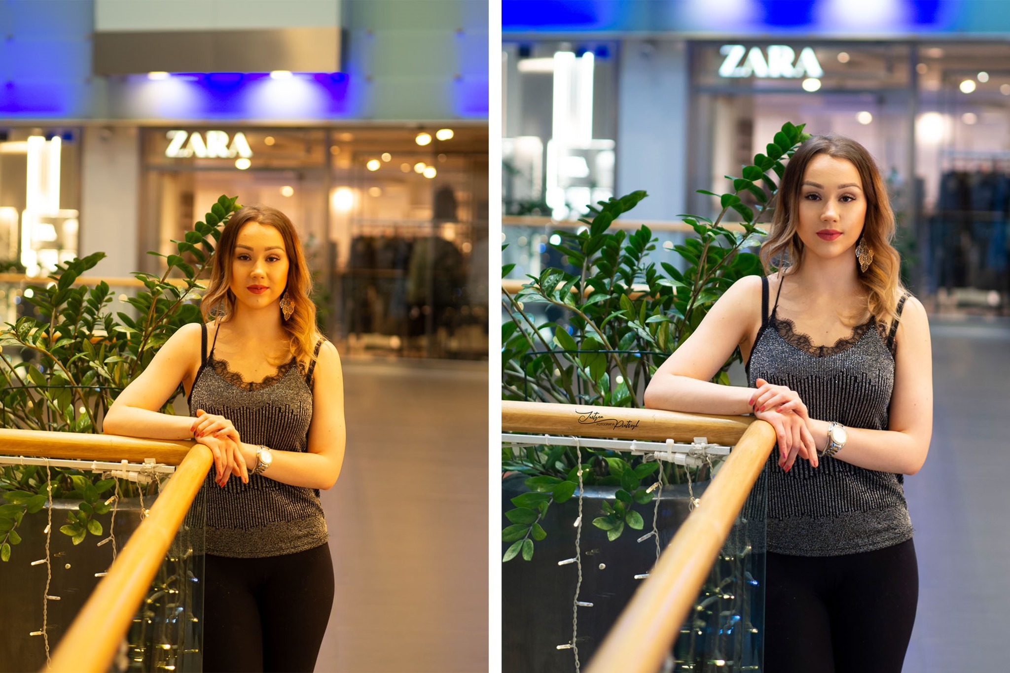 Portret kobiety w błyszczącej bluzce na tle sklepu Zara w centrum handlowym, z zielonymi roślinami i drewnianą barierką w kadrze.