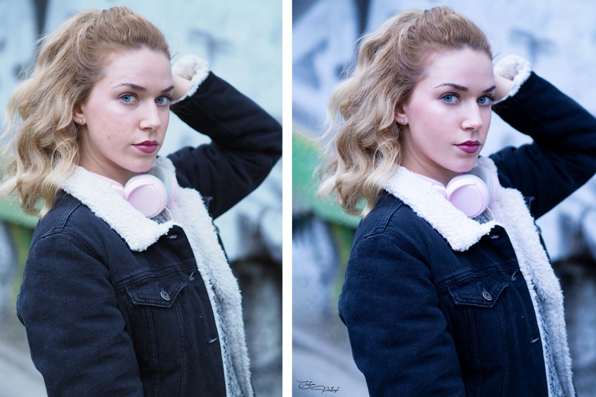 Portret młodej kobiety z blond włosami i niebieskimi oczami, w czarnej kurtce z białym futerkiem i różowymi słuchawkami na szyi, prezentujący retusz zdjęcia przed i po.
