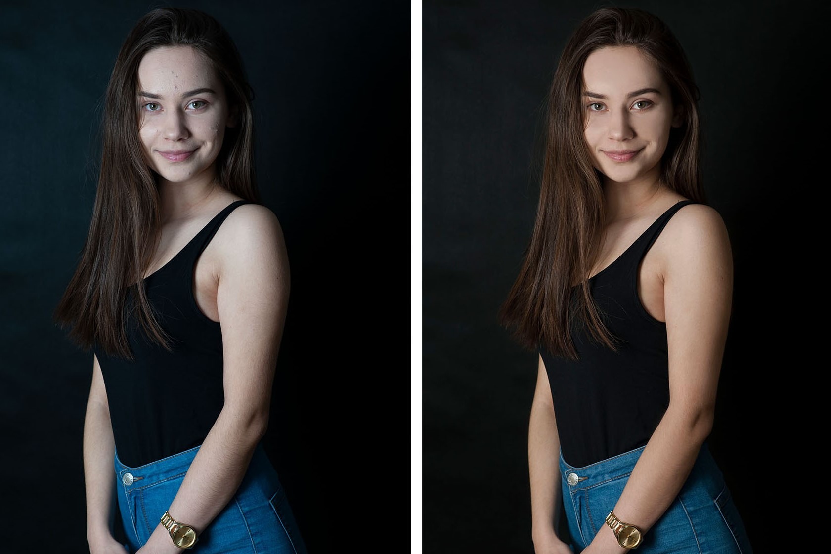Retusz portretu: porównanie zdjęcia przed i po obróbce, ukazujące redukcję niedoskonałości skóry i poprawę kolorytu, na ciemnym tle.
