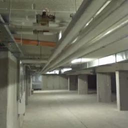 Instalacja wentylacyjna i rury pod sufitem w surowym, betonowym pomieszczeniu, widoczne koryta kablowe i zawór z czerwonym pokrętłem.