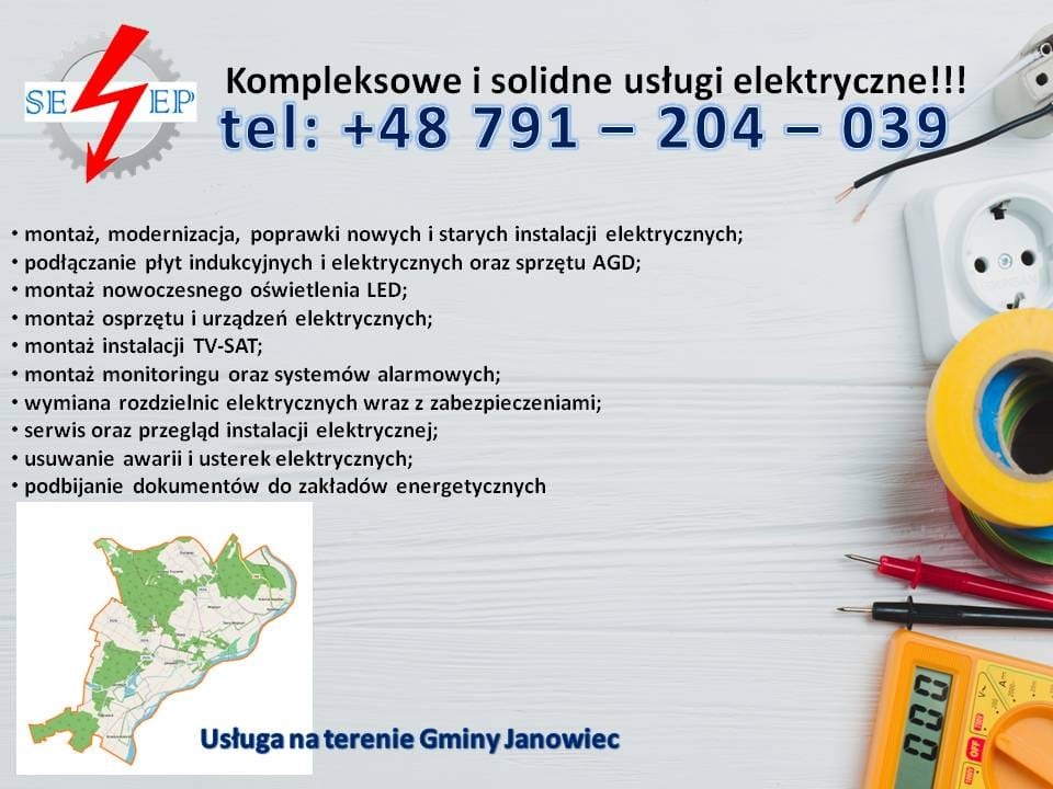 Reklama usług elektrycznych: gniazdko, miernik, taśma izolacyjna, wykaz usług (montaż, modernizacja, podłączanie, wymiana, serwis, usuwanie awarii) oraz obszar działania (Gmina Janowiec).