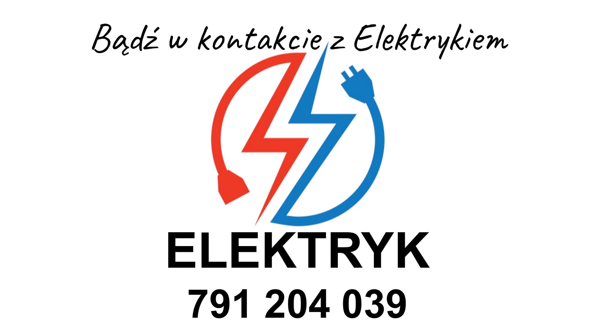 Logo firmy elektrycznej: stylizowany symbol błyskawicy w kolorach czerwonym i niebieskim, wkomponowany w okrąg, napis 'Elektryk' i numer telefonu.