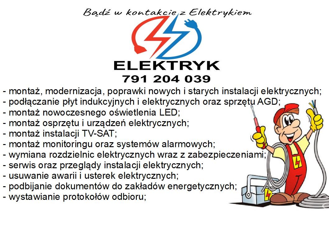 Ogłoszenie elektryka z logo błyskawicy, numerem telefonu i listą oferowanych usług, w tym montażu oświetlenia LED, instalacji elektrycznych i systemów alarmowych, uzupełnione rysunkową postacią...