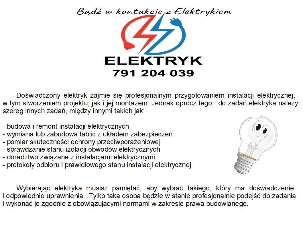 Ulotka reklamowa elektryka z logo firmy w postaci błyskawicy, numerem telefonu i listą świadczonych usług, w tym budowa, remont i doradztwo w zakresie instalacji elektrycznych.