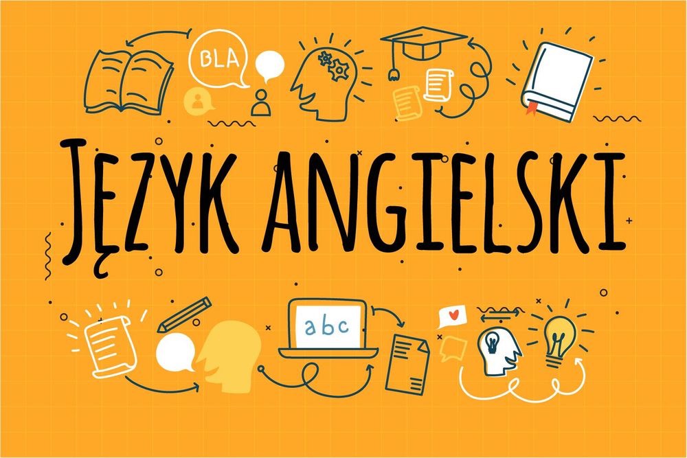 Grafika z napisem 'Język Angielski' otoczonym ikonami książek, laptopa z napisem 'abc', głowy z żarówką, dyplomu i dymków dialogowych na pomarańczowym tle w kratkę.
