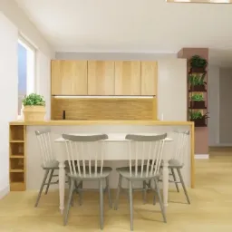 Wizualizacja jasnej kuchni z drewnianymi szafkami, blatem pełniącym funkcję stołu jadalnego z czterema szarymi krzesłami, roślinami w doniczkach na ścianie i drewnianą podłogą.