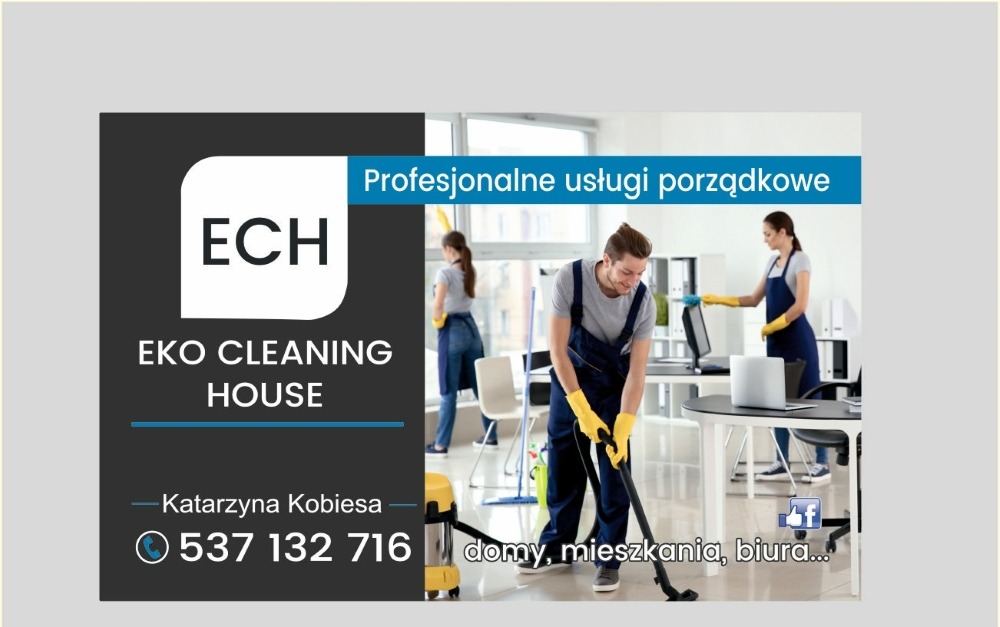 Mężczyzna w kombinezonie i żółtych rękawicach odkurza podłogę w biurze, w tle kobieta przeciera biurko, widoczne logo firmy EKO CLEANING HOUSE oraz numer telefonu.