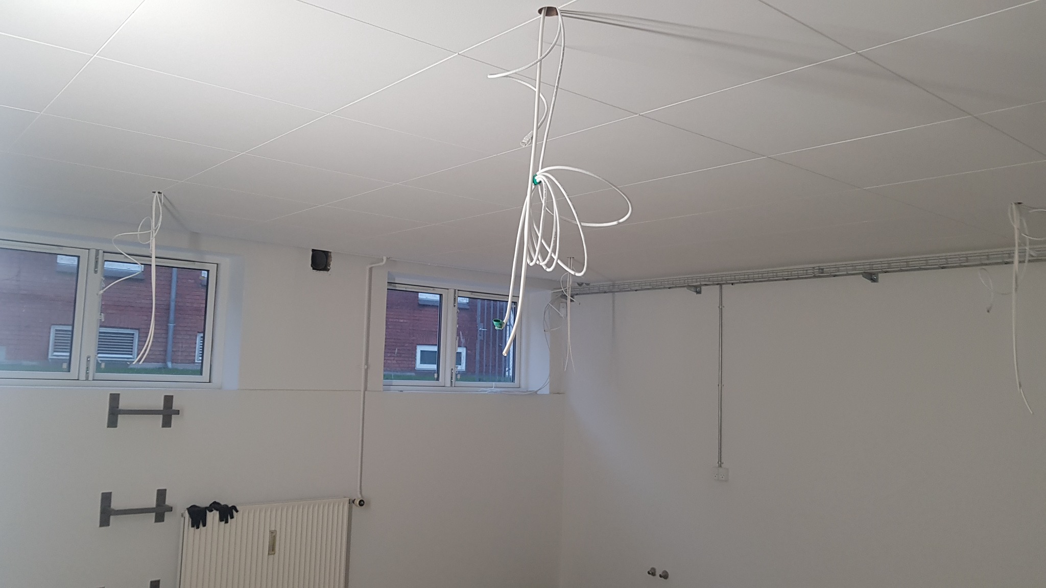 Białe kable zwisające z sufitu kasetonowego w jasnym pomieszczeniu z dwoma oknami, widoczne przygotowania do instalacji elektrycznej.