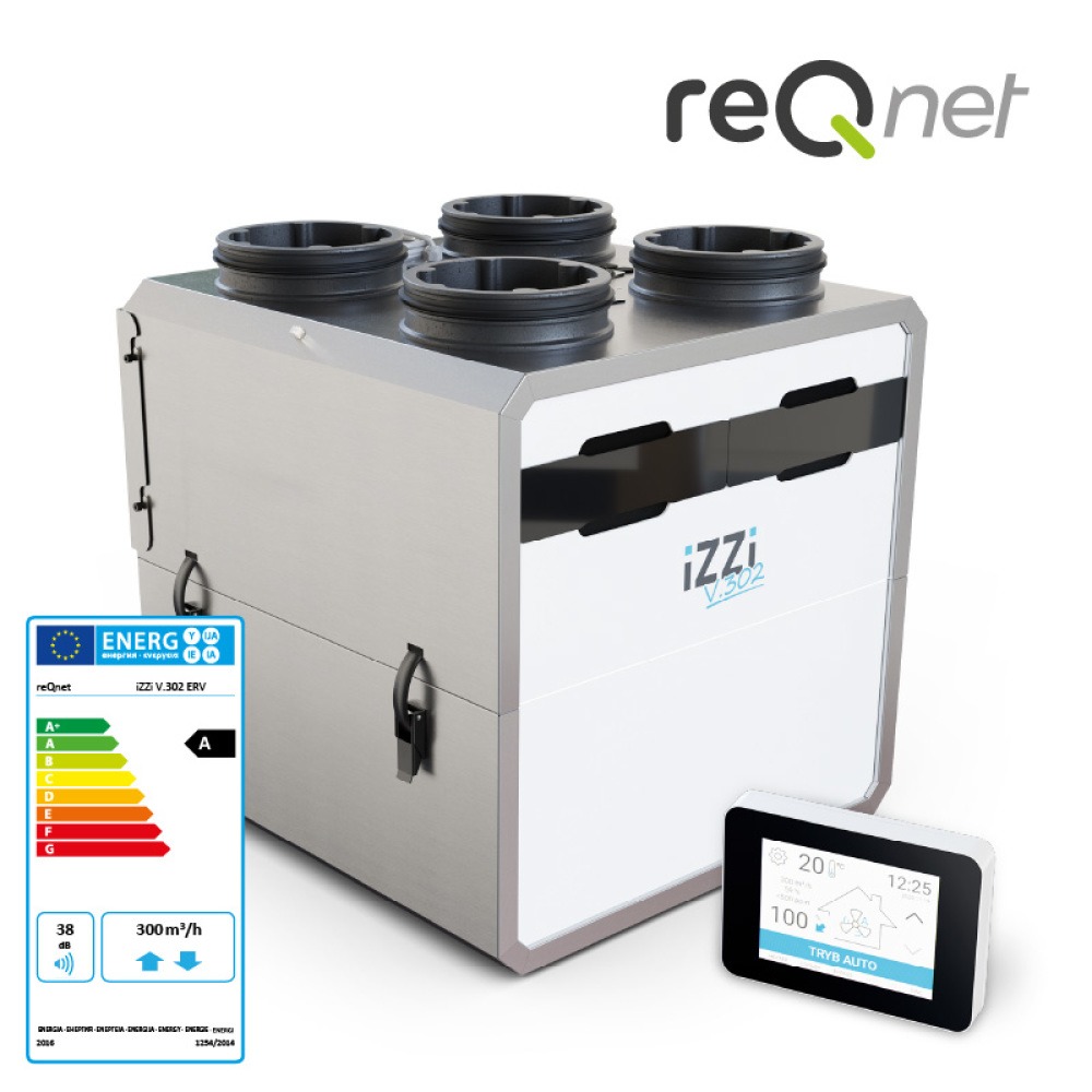 Rekuperator IZZI V.302 ERV z panelem sterowania i etykietą energetyczną na białym tle.