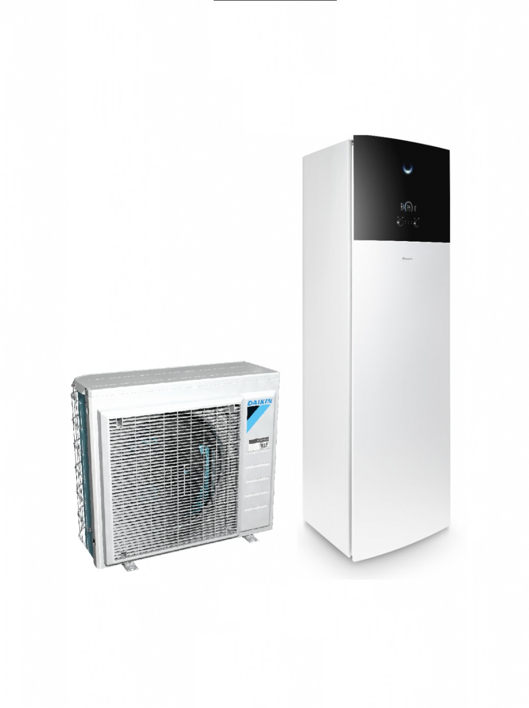 Nowoczesna, biała pompa ciepła Daikin w dwóch częściach: jednostka zewnętrzna z widoczną kratką i jednostka wewnętrzna z czarnym panelem sterowania, prezentowana na białym tle, sugerująca...