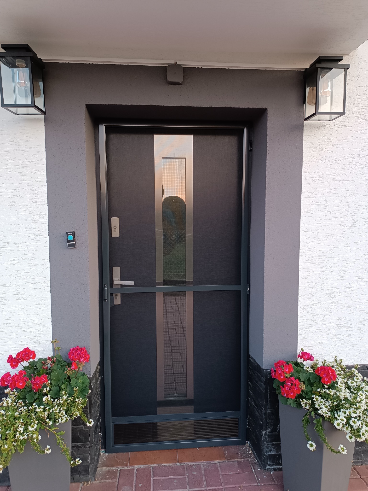 Nowoczesne drzwi wejściowe z przeszkleniem i czarną ramą, oświetlone lampami po bokach, z kwiatami w donicach. Eleganckie wykończenie elewacji.