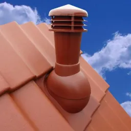 Brązowy kominek wentylacyjny zamontowany na dachu z czerwonej dachówki ceramicznej, na tle błękitnego nieba z białymi obłokami.
