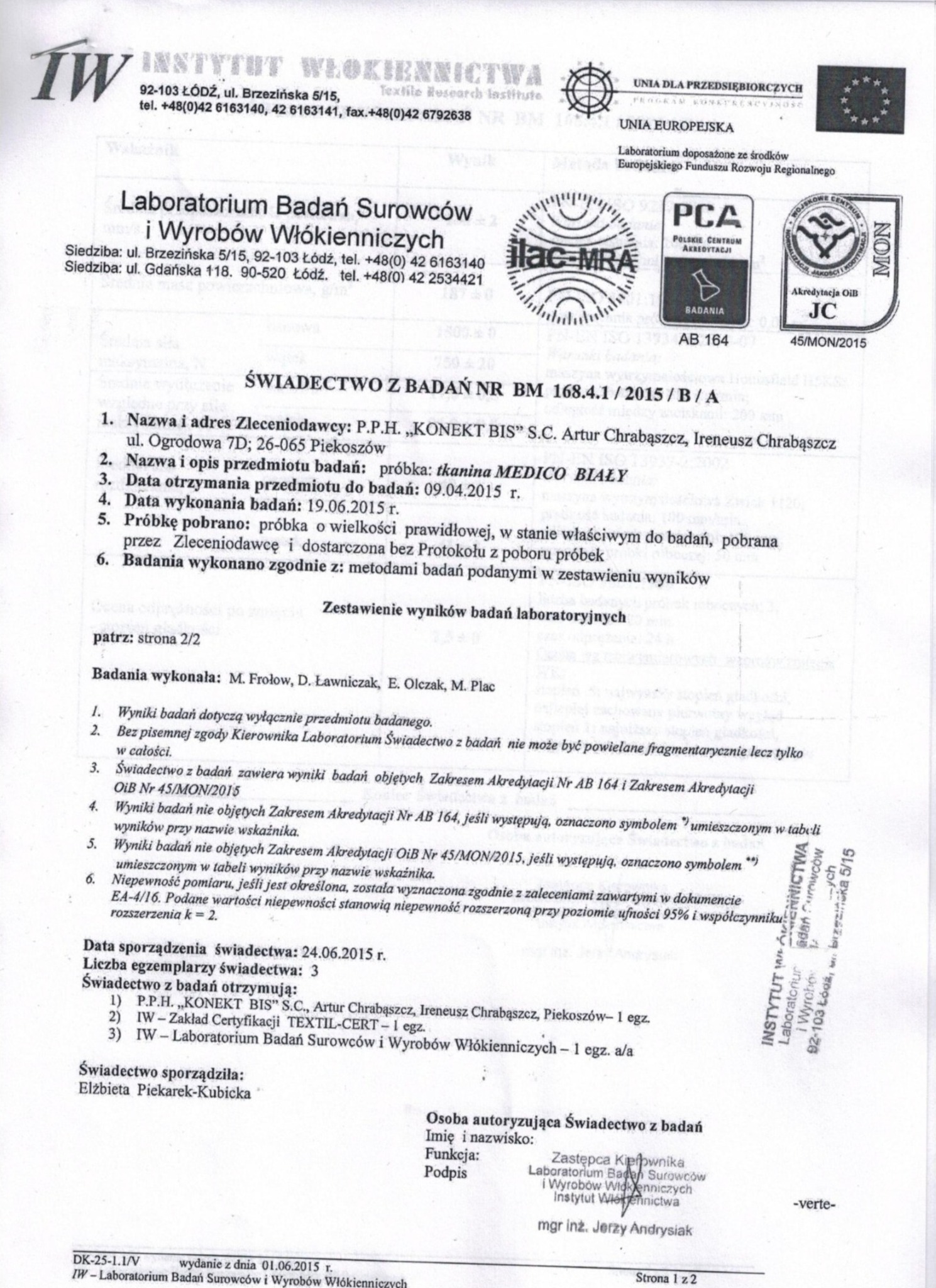 Skan świadectwa z badań tkaniny MEDICO BIAŁY wykonanych przez Instytut Włókiennictwa, z siedzibą w Łodzi, dla firmy z Jarosławia, zawierający informacje o dacie wykonania badań i metodach badawczych.