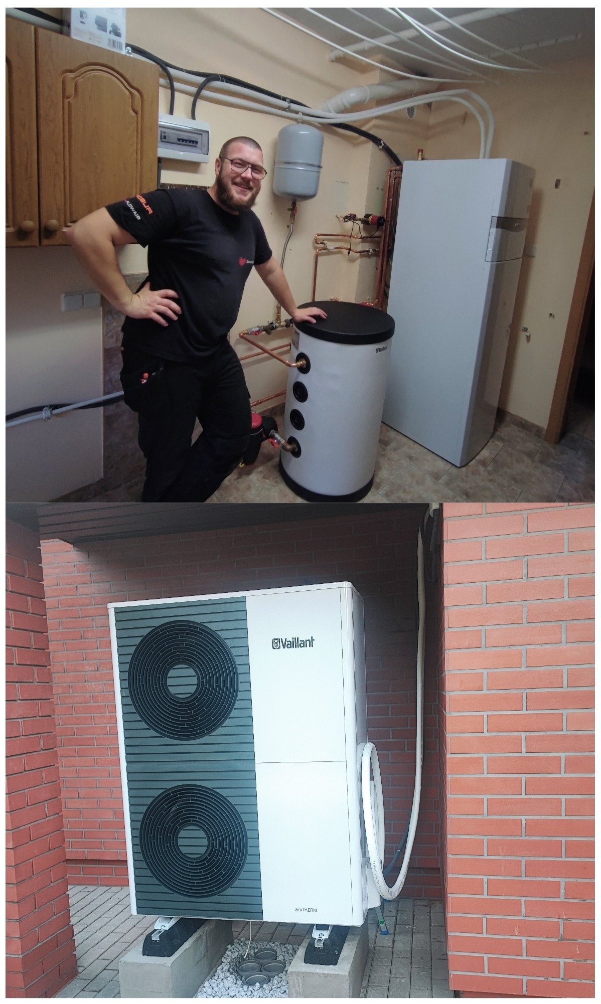 Dwu-częściowe zdjęcie: górna część przedstawia instalatora opierającego się o biały zasobnik ciepłej wody użytkowej z czarnym wiekiem, z widocznymi rurami miedzianymi, obok stoi biały piec; dolna...