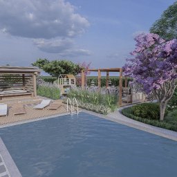 Mamorscy sp. z o.o. - Wizualizacja ogrodu z basenem, jacuzzi pod zadaszeniem, pergolą, placem zabaw dla dzieci i kwitnącym drzewem o fioletowych kwiatach.