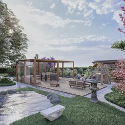 Mamorscy sp. z o.o. - Wizualizacja ogrodu z oczkiem wodnym, drewnianą pergolą z meblami wypoczynkowymi, placem zabaw dla dzieci i kwitnącymi drzewami wiśniowymi.