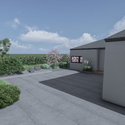 Mamorscy sp. z o.o. - Wizualizacja zagospodarowania terenu wokół nowoczesnego domu w Bielsko-Białej, prezentująca nasadzenia krzewów i drzew, kamienne elementy dekoracyjne oraz utwardzony plac z betonowych płyt.