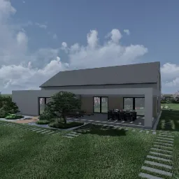 Wizualizacja ogrodu z nowoczesnym domem, ścieżka z płyt prowadząca przez trawnik, drzewo bonsai w ozdobnym klombie, kwitnące drzewa w tle, szara altana ogrodowa w oddali.