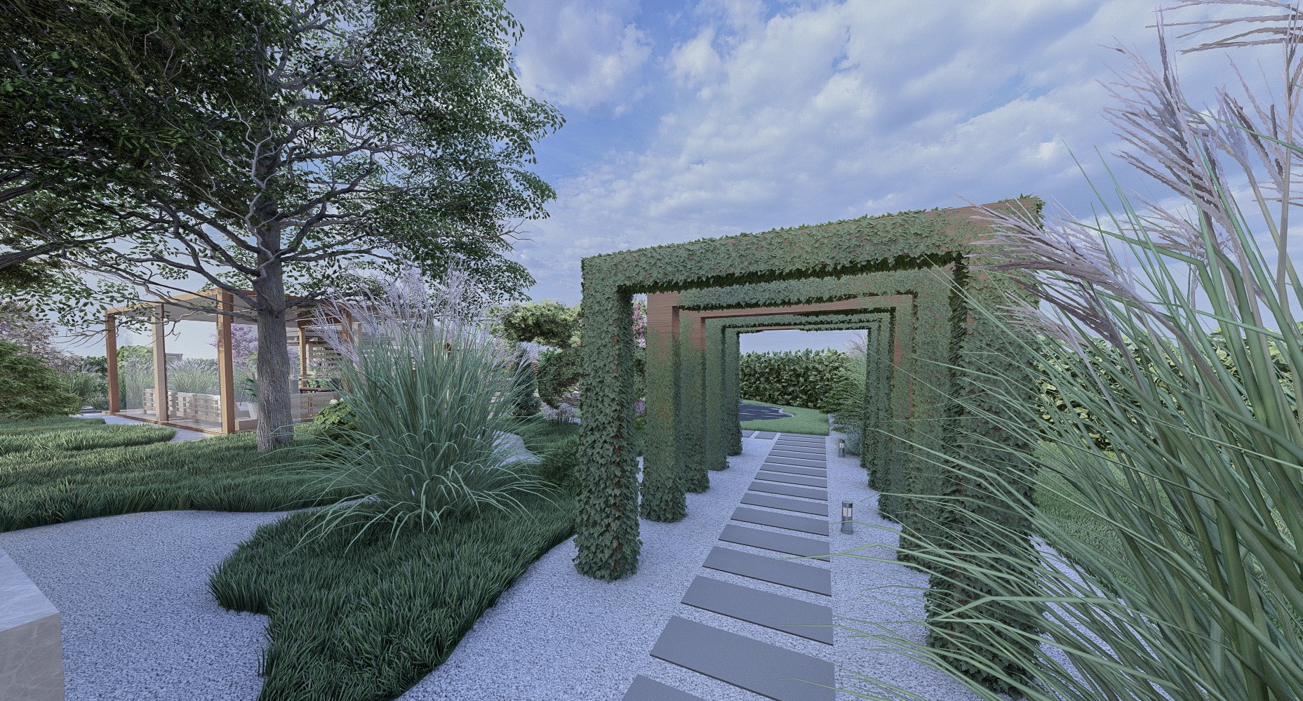 Wizualizacja ogrodu z pergolą obrośniętą bluszczem, ścieżką z płyt i żwirową nawierzchnią, w tle przeszklony pawilon ogrodowy.