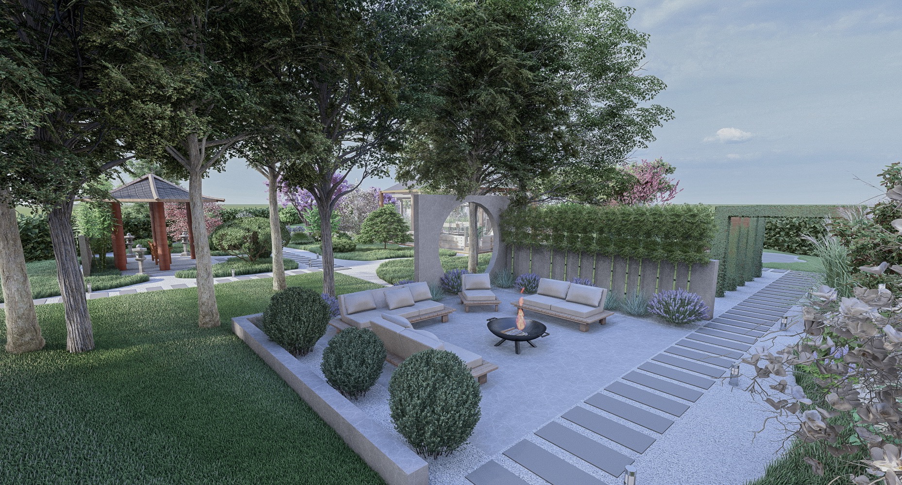 Wizualizacja ogrodu w stylu japońskim z paleniskiem, meblami ogrodowymi, ścieżkami z płyt i żwiru, oraz pawilonem w tle.