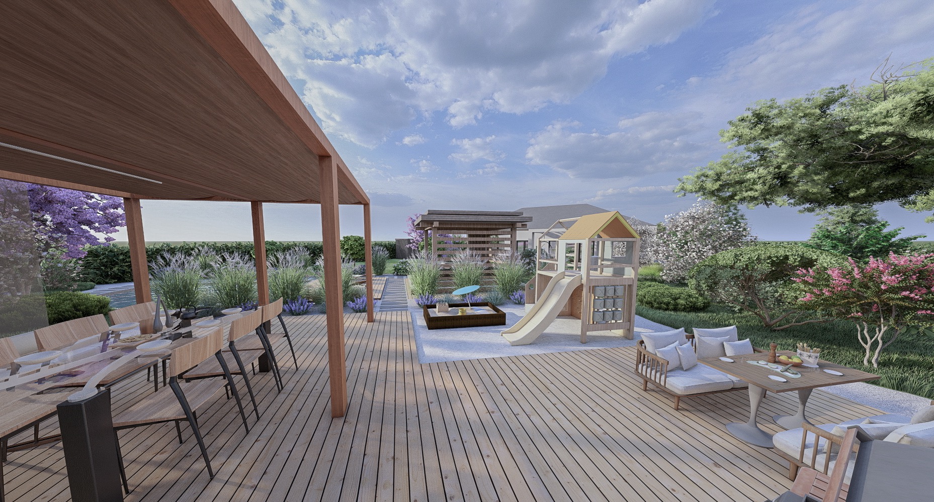 Wizualizacja ogrodu z drewnianym tarasem, pergolą nad stołem jadalnym, placem zabaw z piaskownicą i zjeżdżalnią, oraz strefą relaksu z sofami i stolikiem kawowym, otoczona zielenią i kwitnącymi...