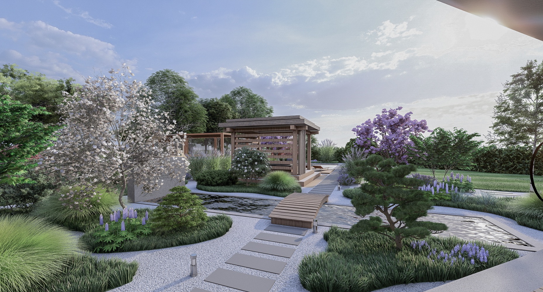 Wizualizacja ogrodu w stylu japońskim z pawilonem, oczkiem wodnym połączonym drewnianym mostkiem i ścieżką z płyt na białym żwirze, otoczona różnorodną roślinnością, w tym kwitnącymi na fioletowo...