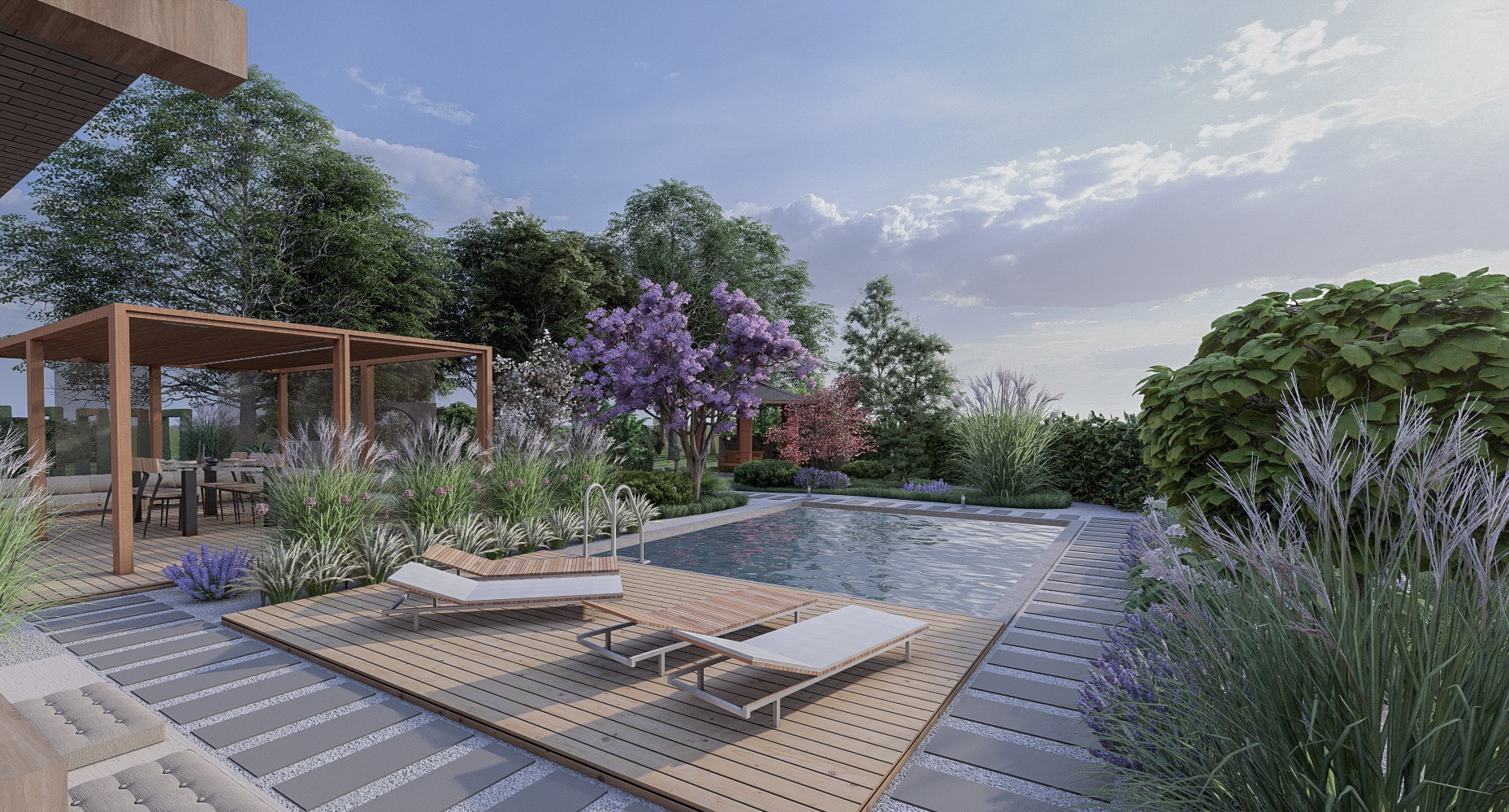 Wizualizacja ogrodu z basenem, drewnianym tarasem, pergolą i leżakami, otoczonego zielenią, kwitnącymi krzewami i ozdobnymi trawami.