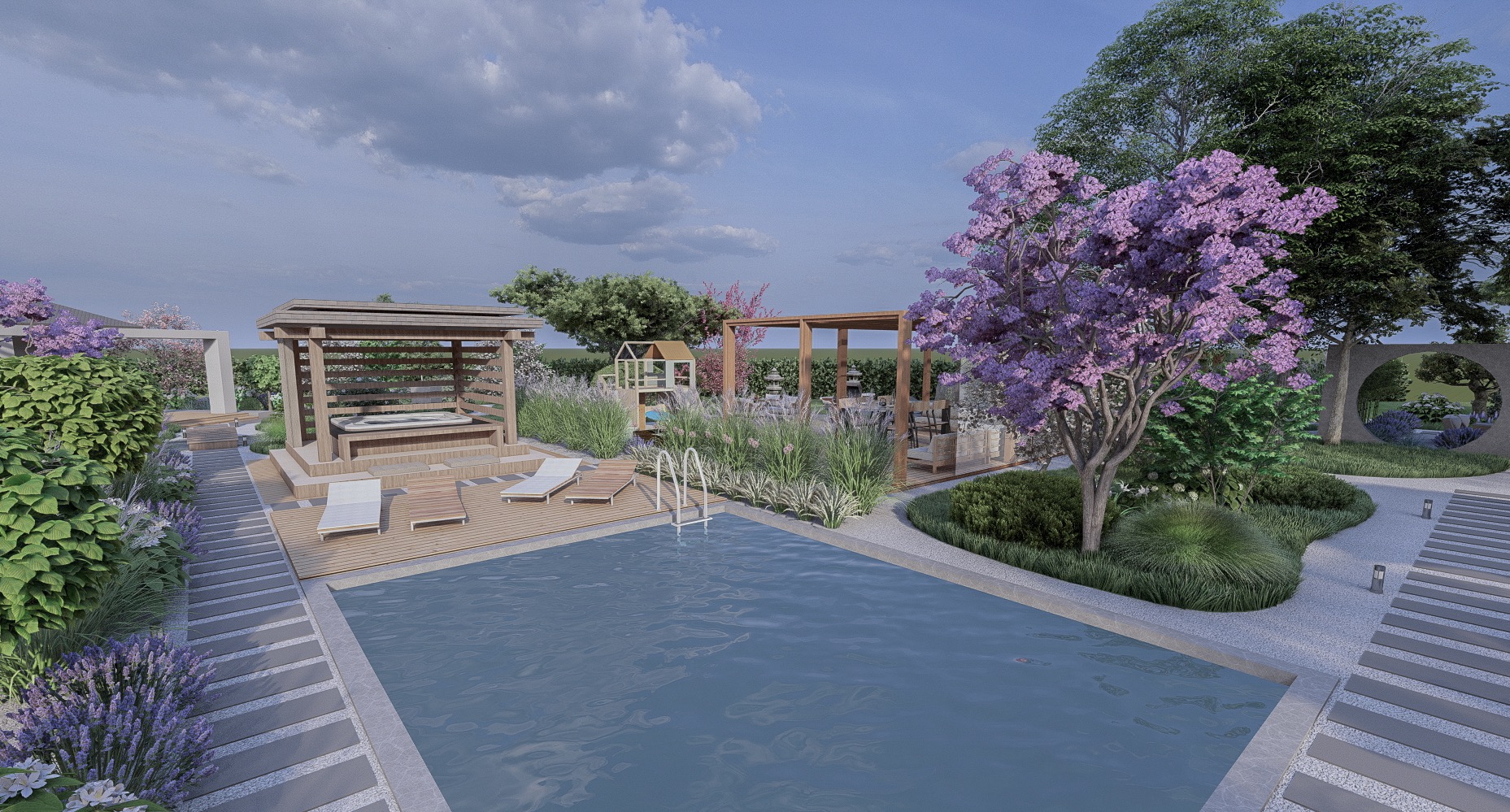 Wizualizacja ogrodu z basenem, jacuzzi pod zadaszeniem, pergolą, placem zabaw dla dzieci i kwitnącym drzewem o fioletowych kwiatach.