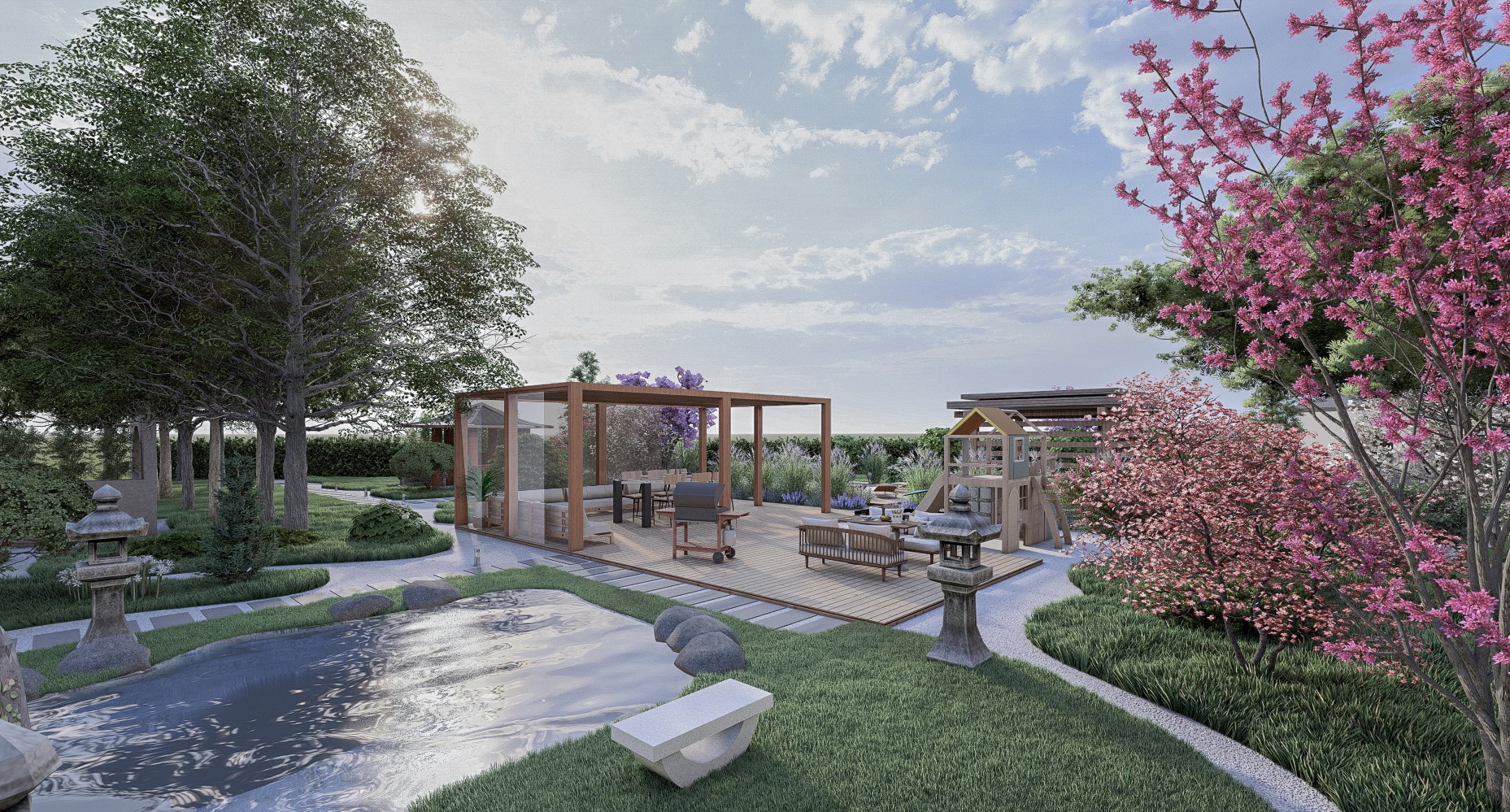 Wizualizacja ogrodu z oczkiem wodnym, drewnianą pergolą z meblami wypoczynkowymi, placem zabaw dla dzieci i kwitnącymi drzewami wiśniowymi.