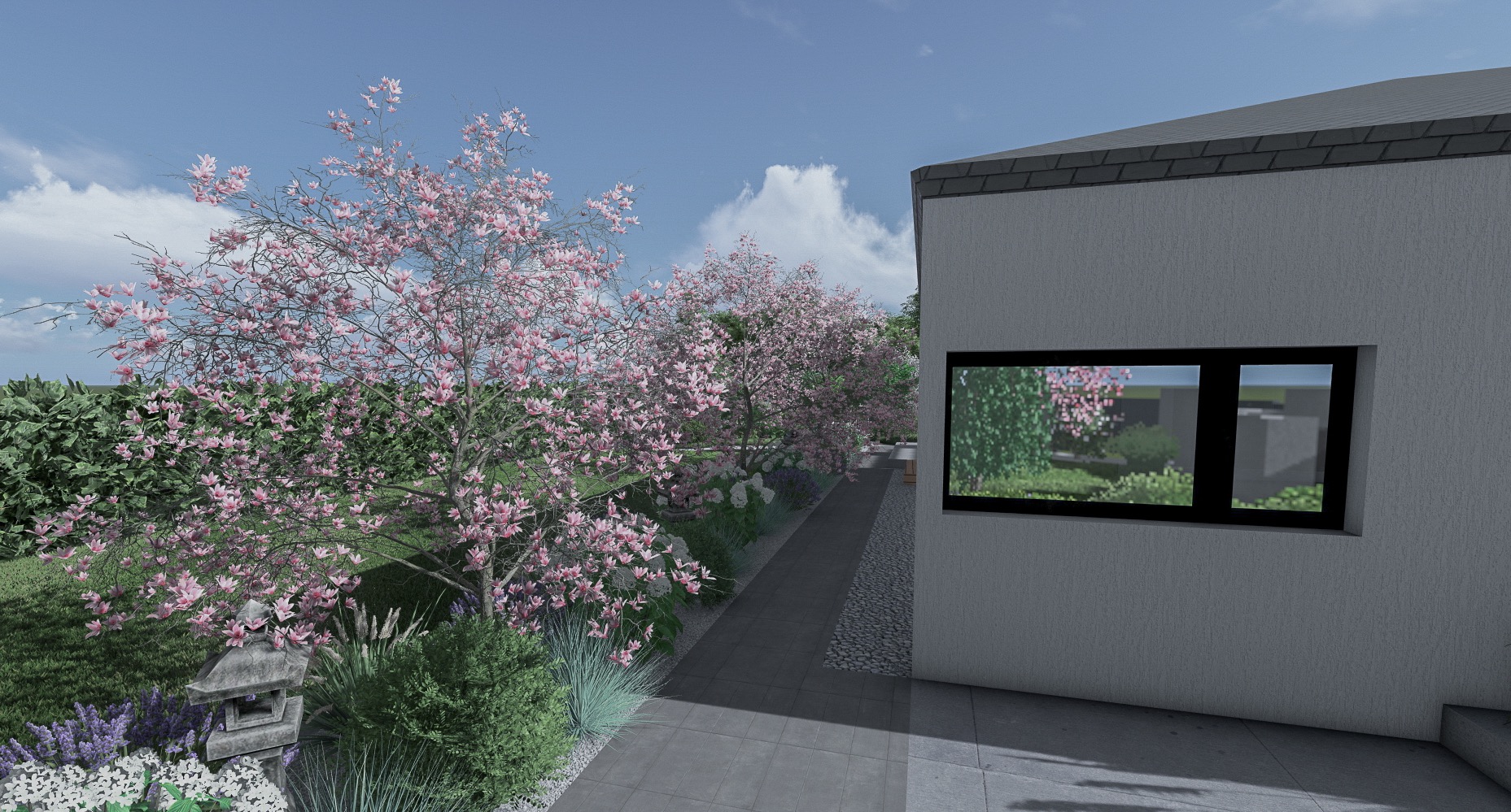 Wizualizacja ogrodu przydomowego z kwitnącymi magnoliami, ścieżką z płyt betonowych i kamiennym lampionem w stylu japońskim u podstawy drzewa, widok z perspektywy ścieżki obok budynku.